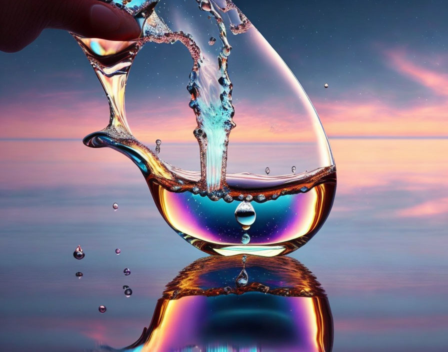 Hand tilting glass with water spill against colorful sunset backdrop