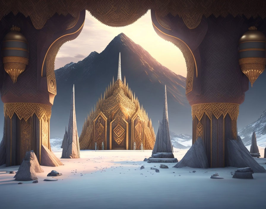 Fantasy palace with golden doors in snowy mountain landscape