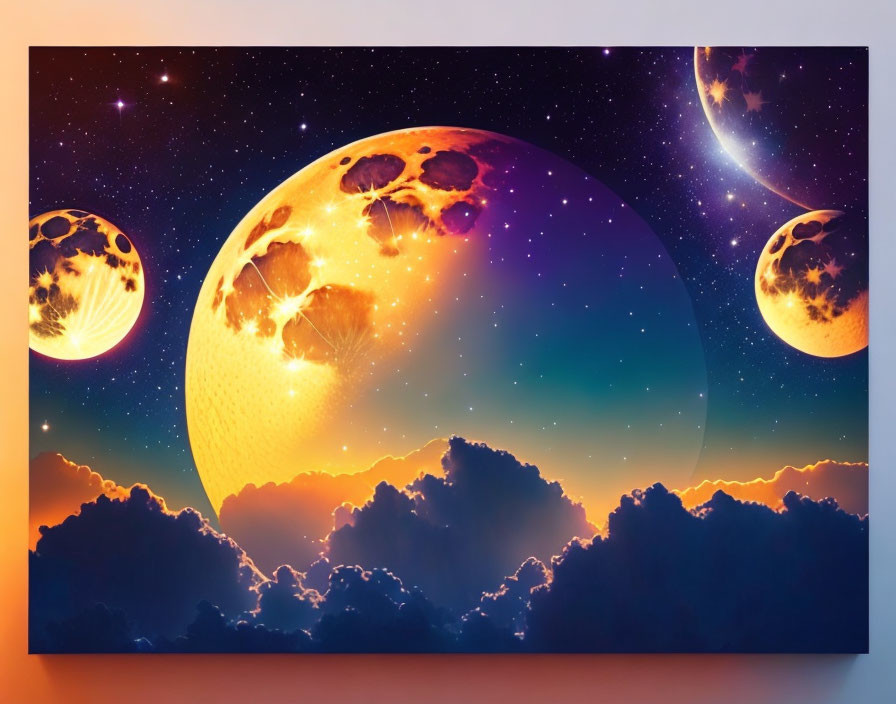 Surreal digital artwork: Celestial bodies against vibrant sunset