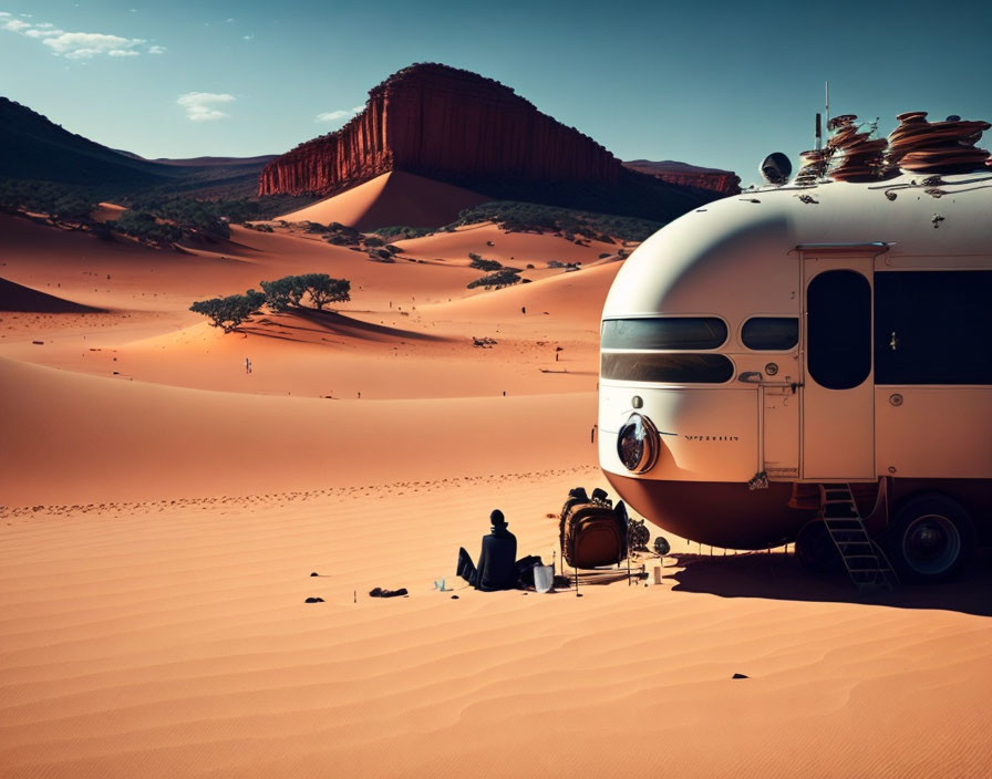 Silver futuristic trailer in desert with person and towering sand dunes