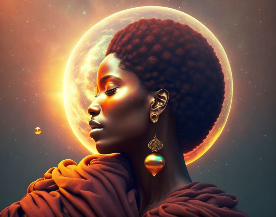 Woman with Afro and Glowing Planet in Background