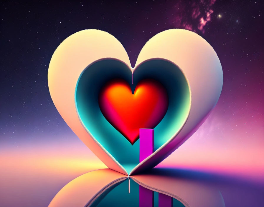 Multicolored heart-shaped art piece on mirrored surface with cosmic sky background