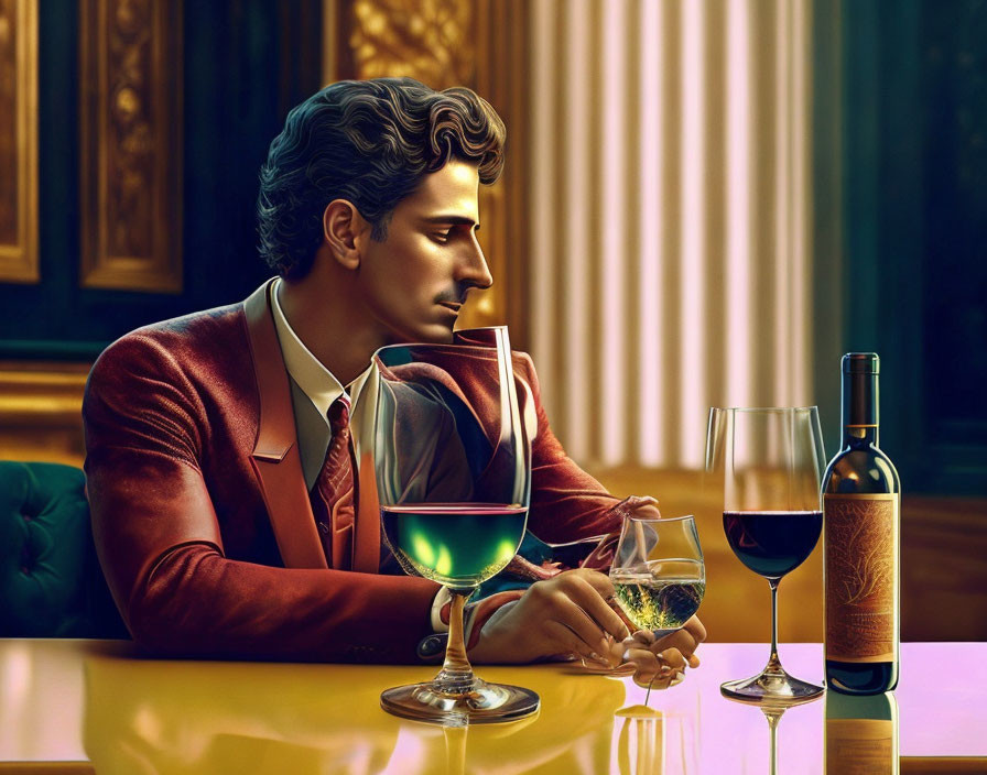 Stylized image of man in red jacket at bar with wine glasses