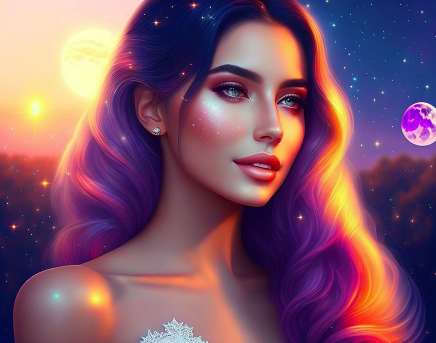 Vibrant multicolored hair woman in cosmic digital portrait