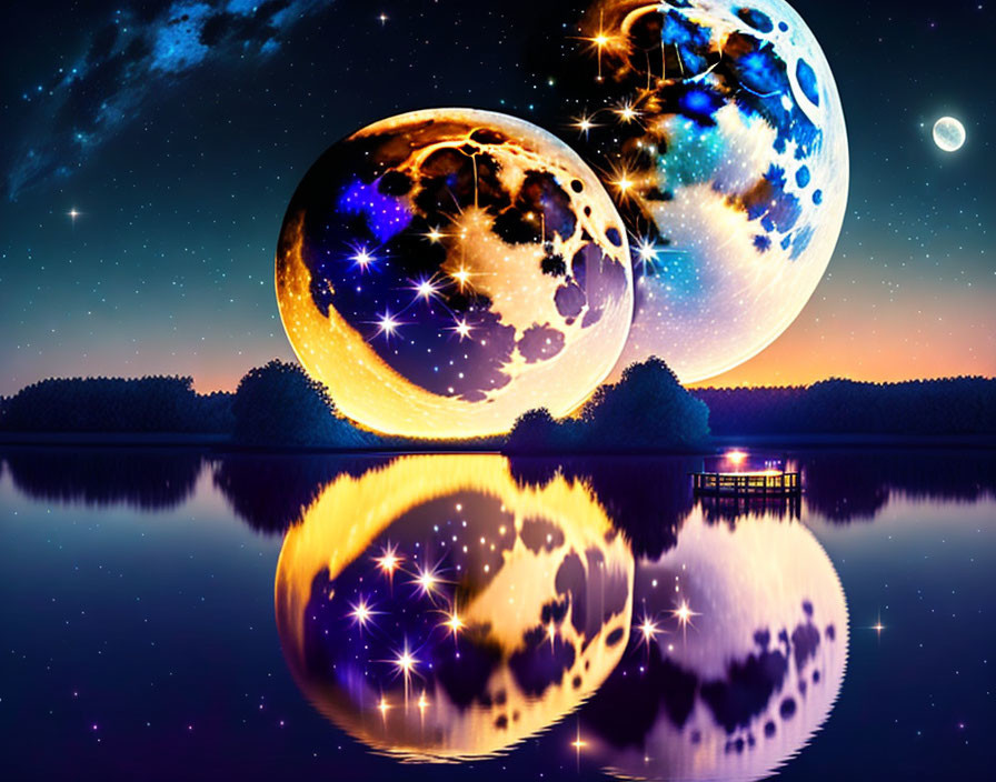 Surreal landscape: Glowing moons, tranquil lake, starry sky, sunset trees