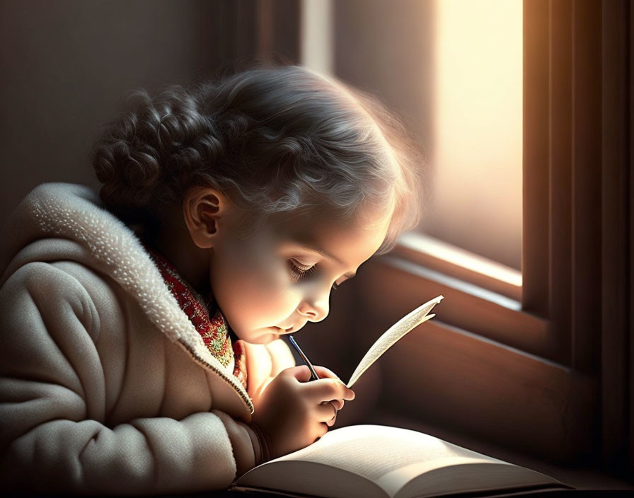 Curly-Haired Girl Reading Book by Window Light