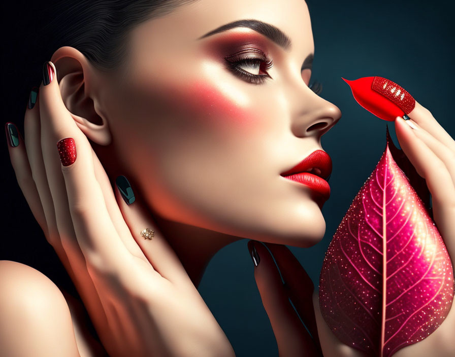 Stylish woman with red makeup and pink leaf, displaying polished look and jewelry