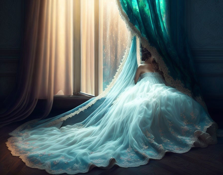 Woman in flowing blue gown sits by window in elegant, tranquil scene