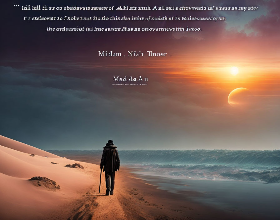 Person walking on sand dunes at sunset with dark clouds