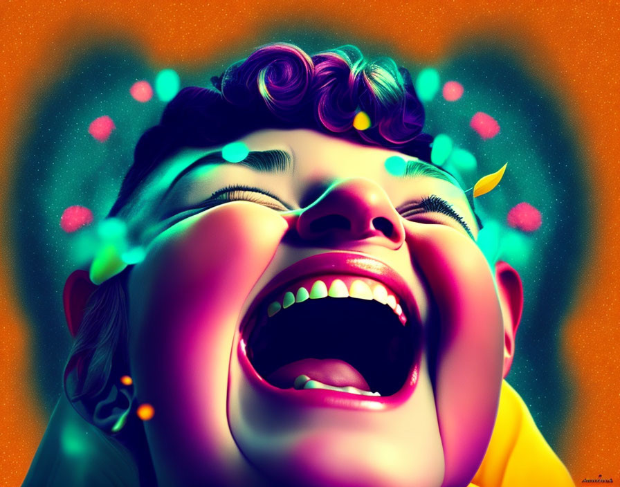 Colorful illustration of person laughing with glowing orbs