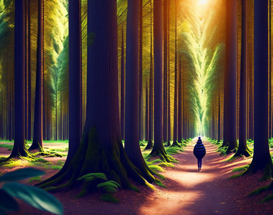 Person walking on forest path under towering trees with sunlight filtering.