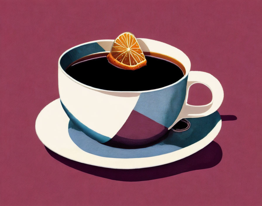 Stylized illustration of large white coffee cup with orange slice on blue saucer, pink background