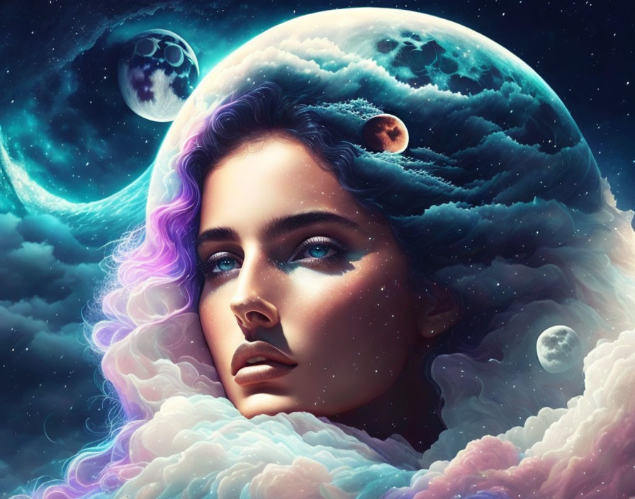 Woman's face blending with cosmic sky, moons, stars, and nebulas in surreal portrait