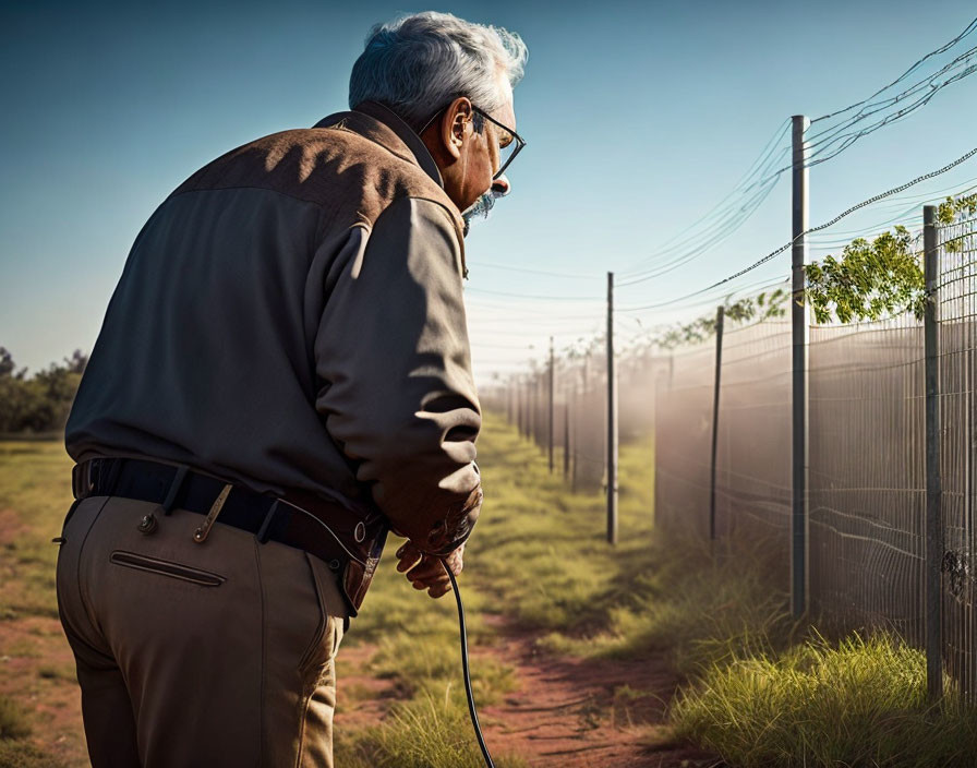 Elderly man with gray hair and cane by wire fence on sunny day