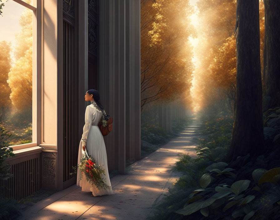 Woman in white dress with bouquet by open doorway overlooking sunlit forest path