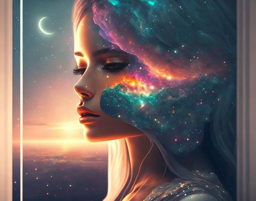 Surreal illustration: Woman merging with cosmic galaxy under twilight sky