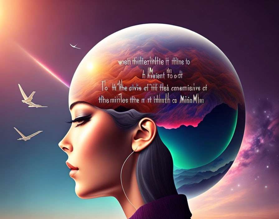 Colorful cosmic digital art: woman's face profile blending into background with birds and flowing script.