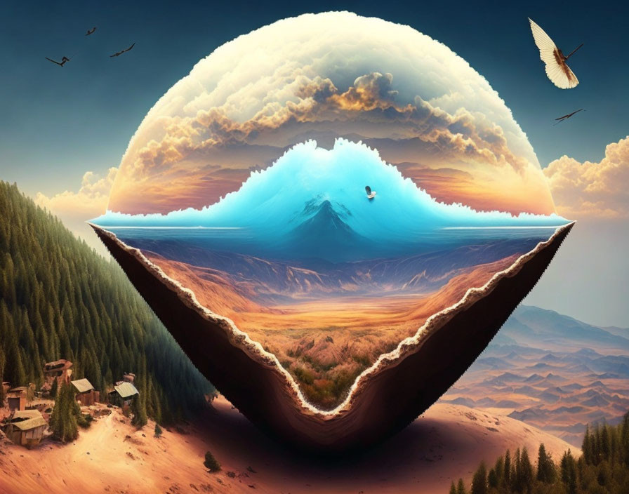 Surreal landscape with floating island and inverted mountain peak