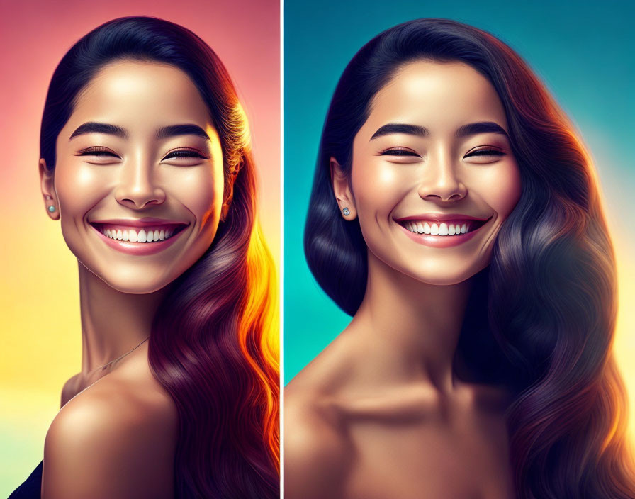 Digital Artwork: Woman with Radiant Smile in Two Styles, Varying Hair Colors and Background