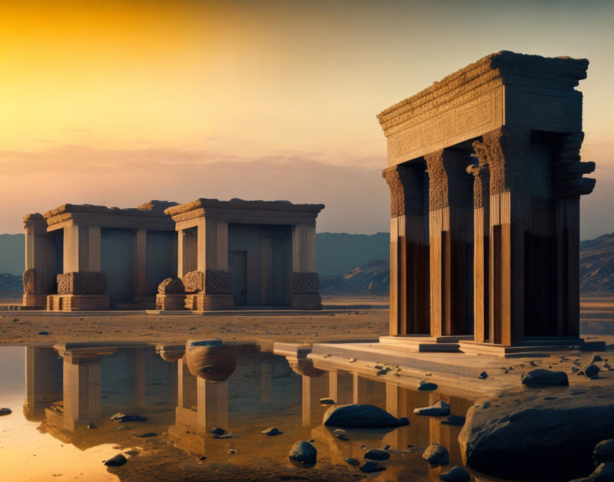 Stone ruins and desert dunes reflected in water at sunset