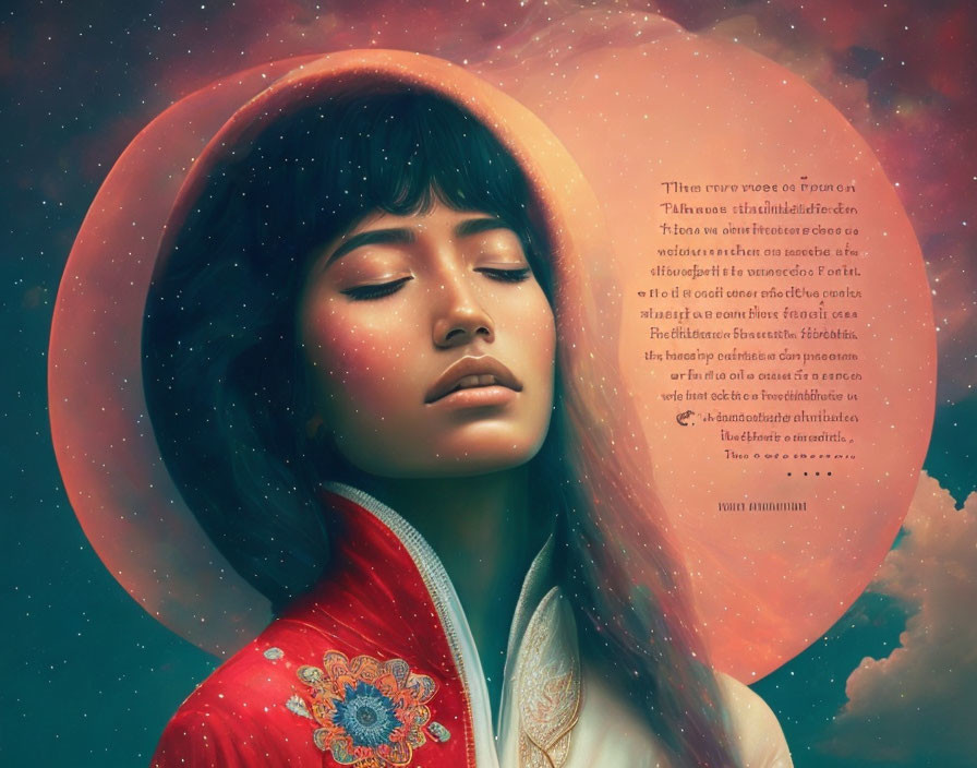 Dark-haired woman in celestial setting with warm tones and poetic text overlay