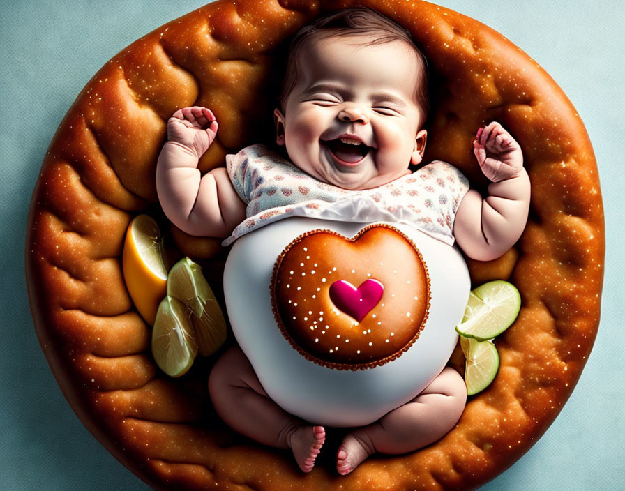 Smiling baby on giant pretzel with citrus slices and heart motif