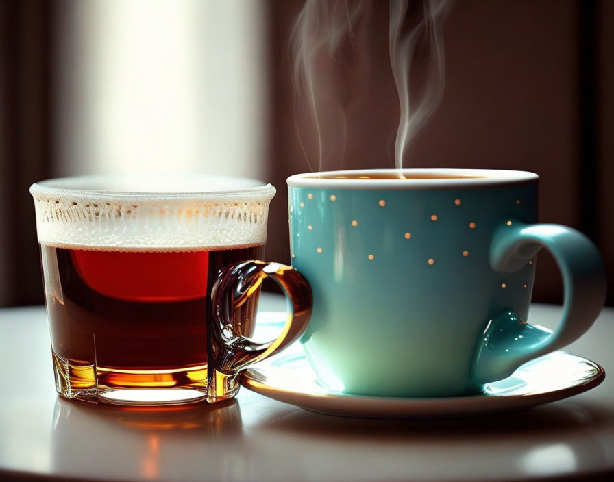 Clear glass with foamy tea next to polka-dotted mug.