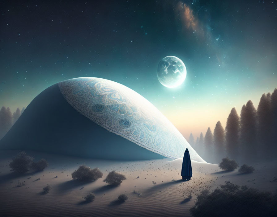 Cloaked figure with egg-shaped object in desert night scene