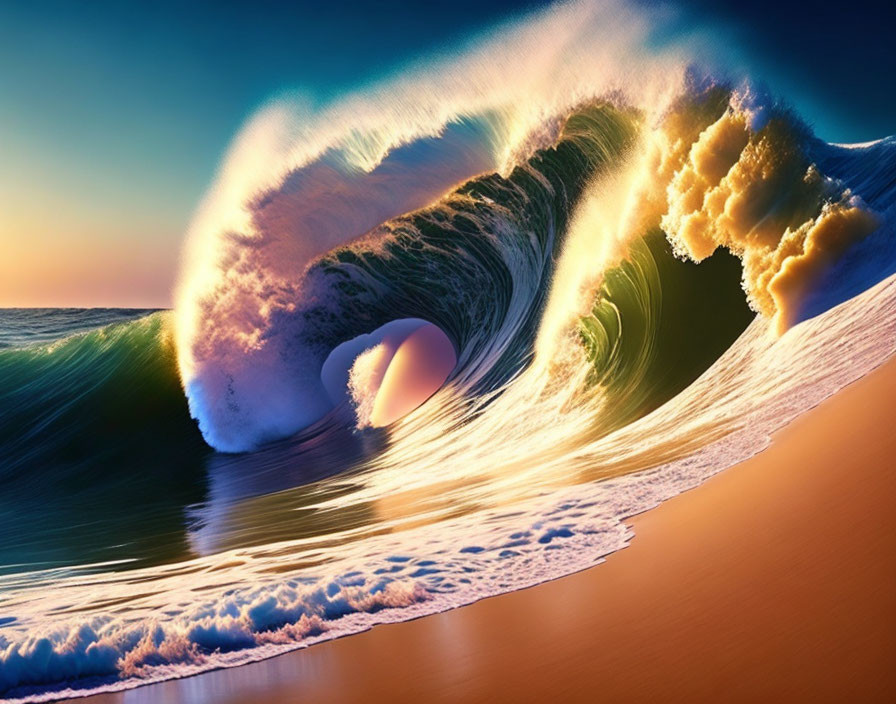 Digitally altered image: Large ocean wave crashing on beach at sunset