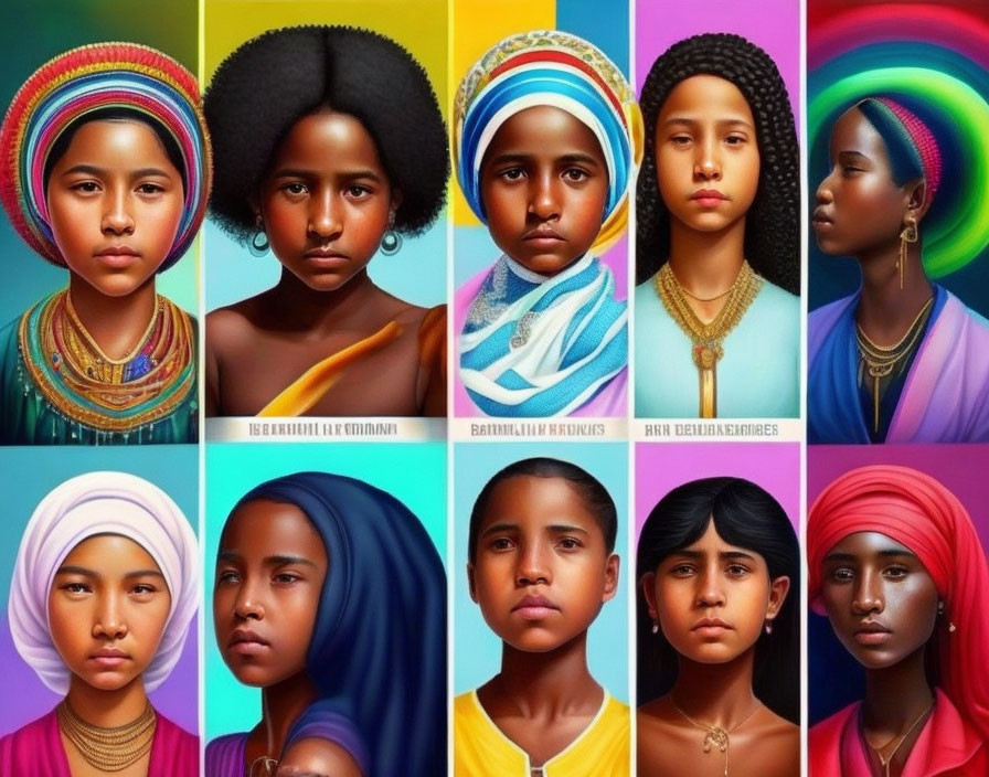 Illustrated portrait collage of diverse young girls with colorful headwear