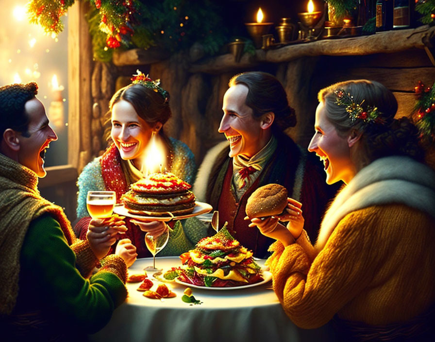 Group of Four Laughing People at Festive Burger Table