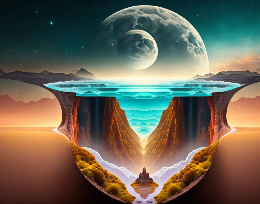 Moonlit surreal landscape with mirrored sky above water and mountains