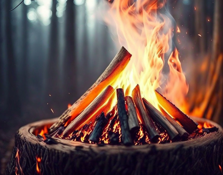 Bright campfire on tree stump in forest with flames and embers against dusky backdrop