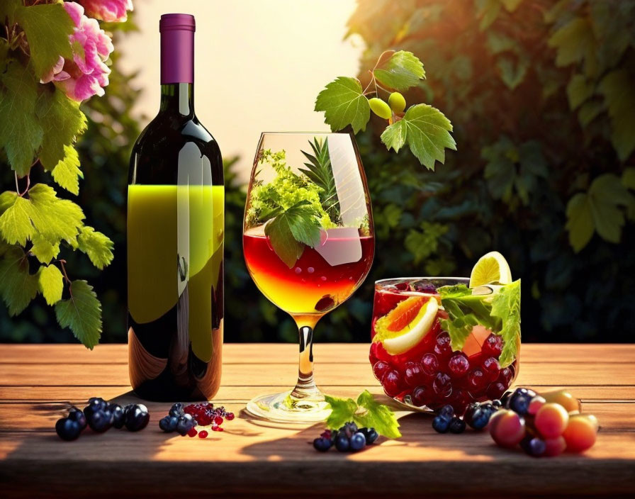 Red wine bottle, glass, and cocktail with grapes on wooden table in garden setting