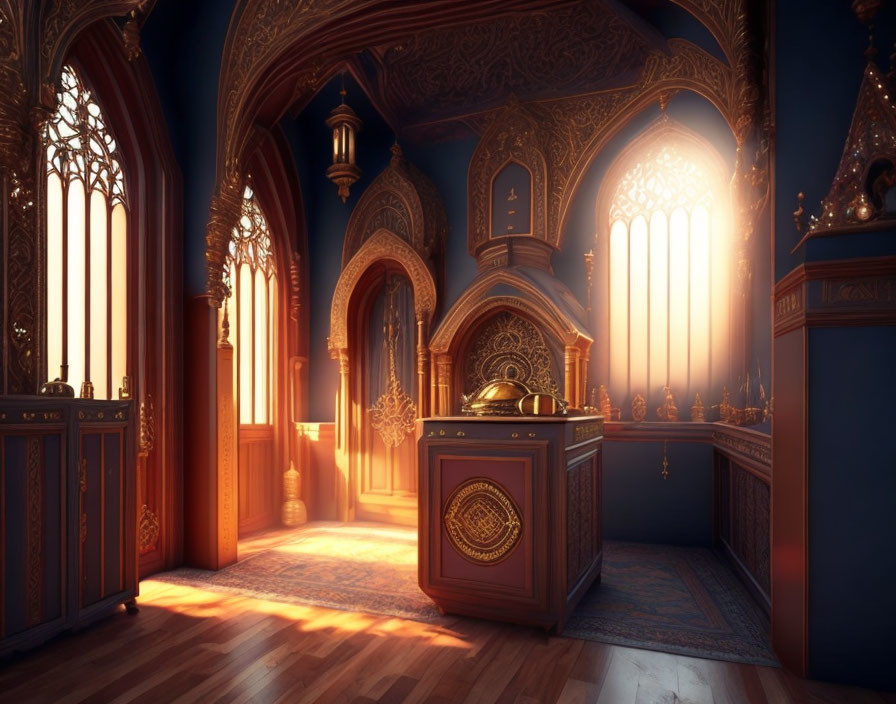 Gothic-themed room with sunlight through arched windows