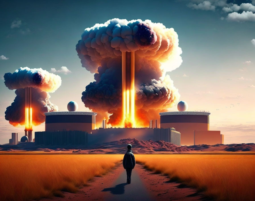 Surreal landscape with colossal mushroom clouds and industrial structures