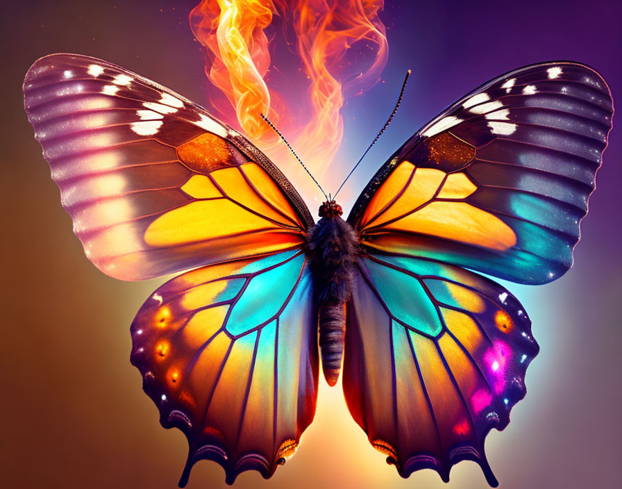 Digitally altered butterfly with blue and orange wings on purple backdrop with fiery body.