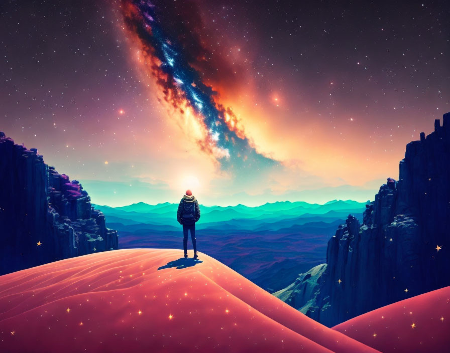 Astronaut on Red Alien Planet with Cosmic Sky