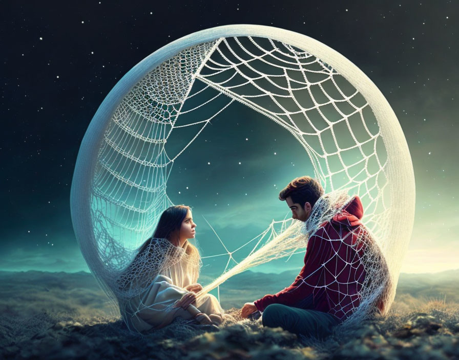 Man and woman under giant dreamcatcher in magical outdoor setting