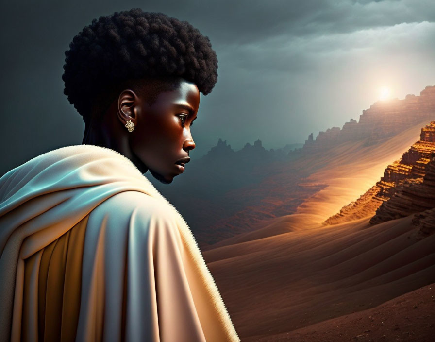 Portrait of person with afro gazing at sunset with sand dunes and ancient structures.