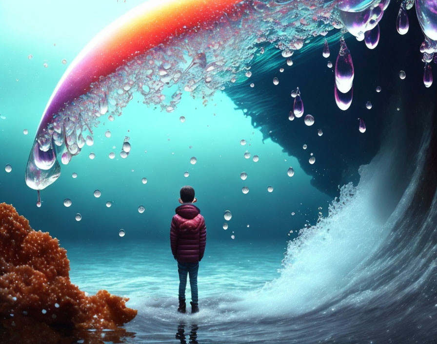 Person in Red Jacket Observes Surreal Wave with Rainbow and Suspended Droplets