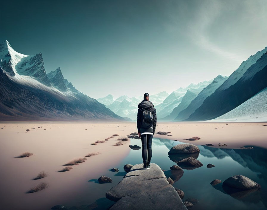 Person standing on stepping stones in tranquil mountain landscape