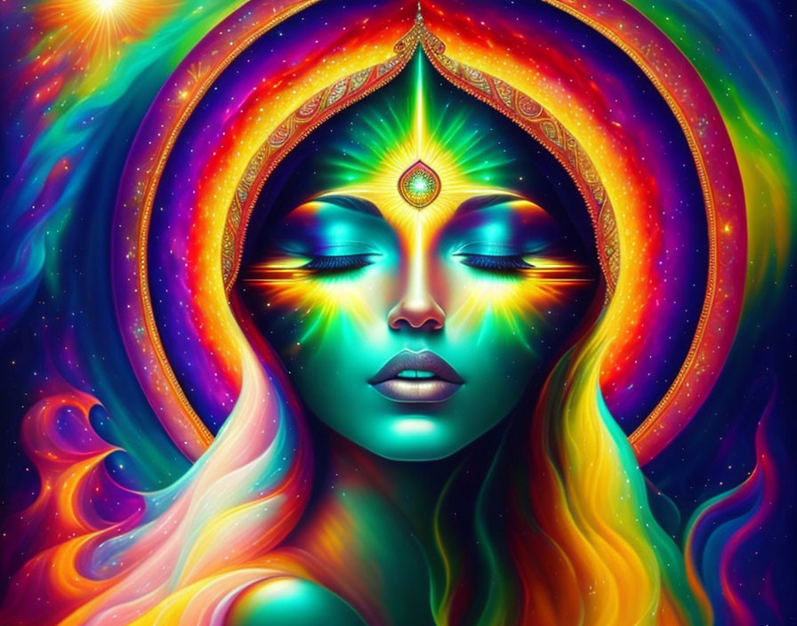 Colorful digital art: woman with cosmic aura, jewel on forehead, starry background