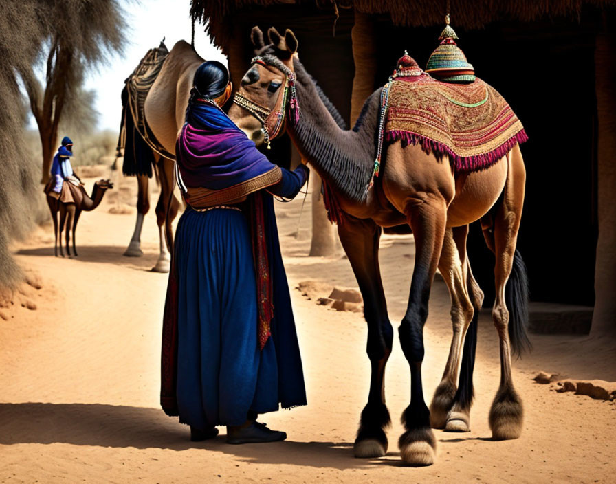 Traditional dressed person with adorned camel in desert scene