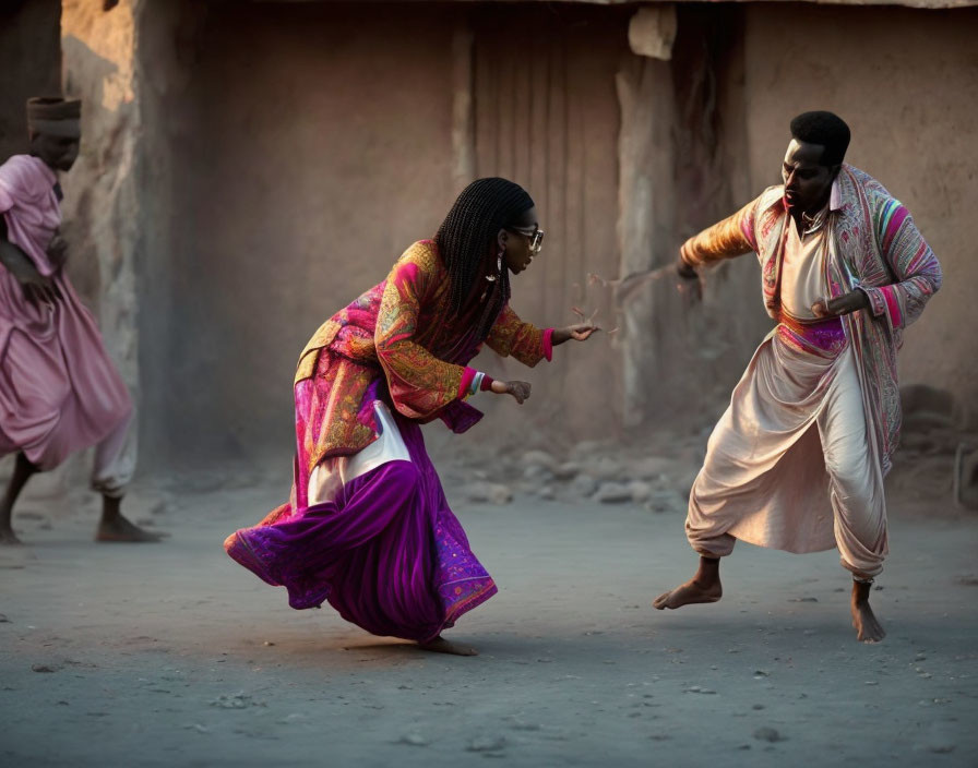 Traditional attire dancers with expressive gestures on dusty surface