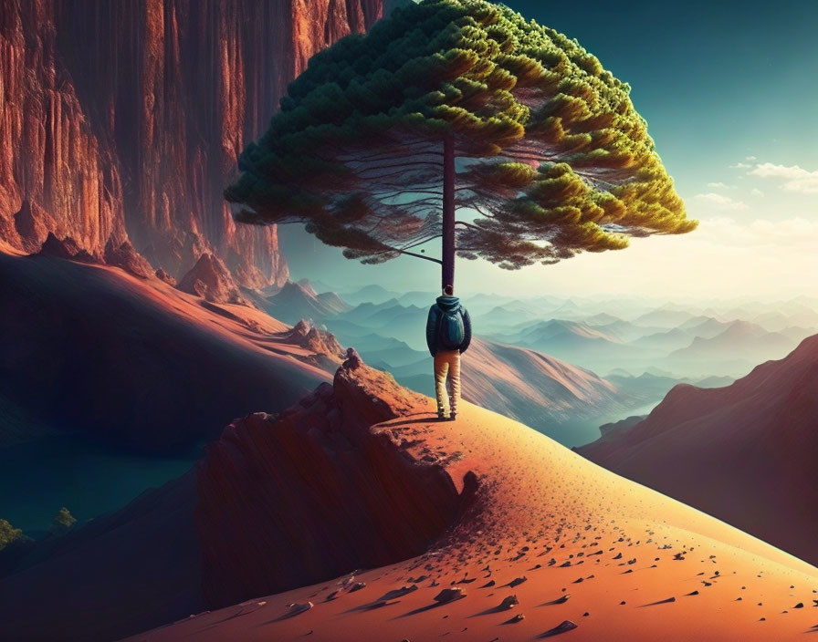 Person on Sand Dune Holding Tree, Floating Island Above Canyon