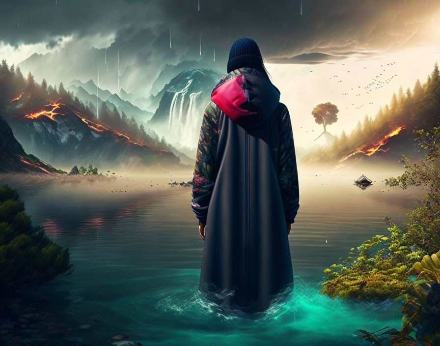 Cloaked figure in surreal landscape with fiery river