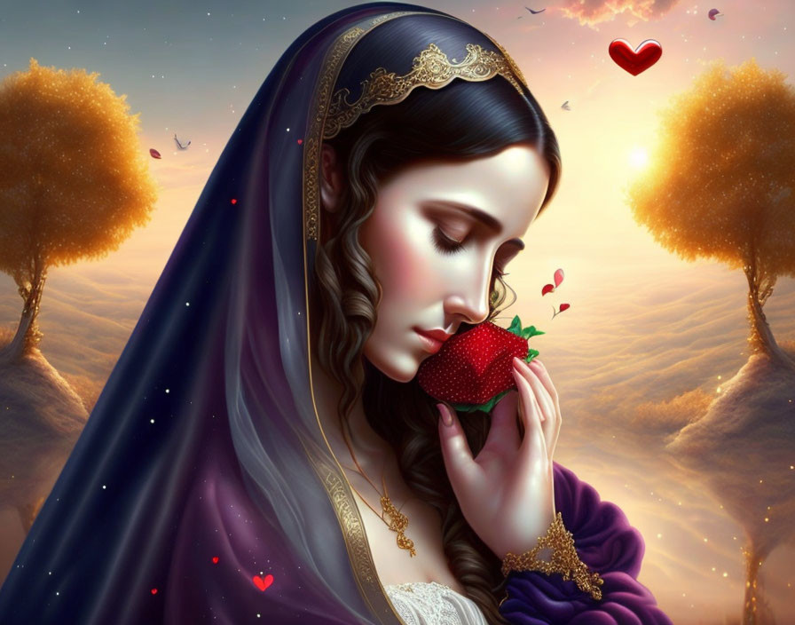 Woman with Veil and Tiara Smelling Strawberry in Dreamy Landscape