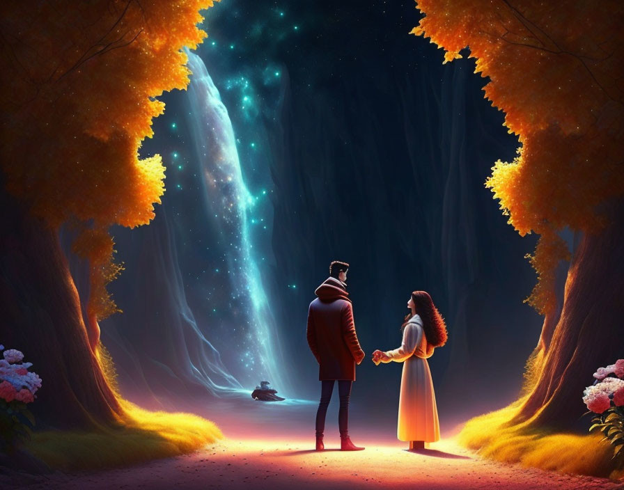 Couple in magical forest at night under starry sky with celestial waterfall