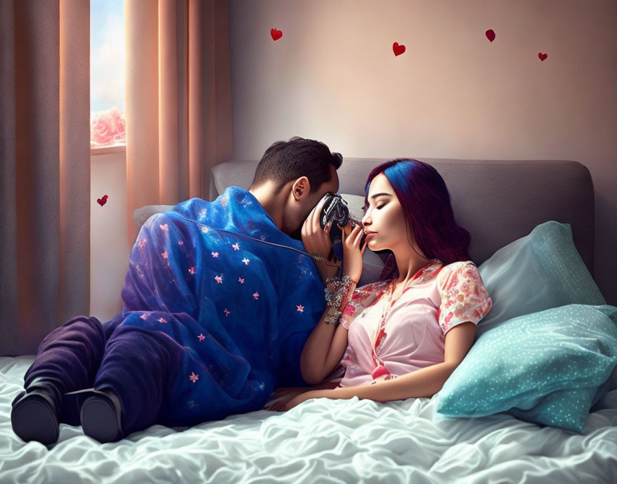 Couple in Bed with Floating Red Hearts, Intimate Moment